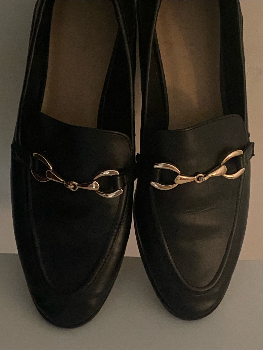 LOFT Black Leather Loafers with Gold Horsebit